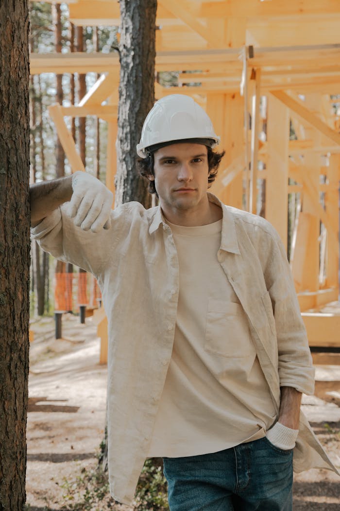 Portrait of a construction worker with hard hat in a forested outdoor site.